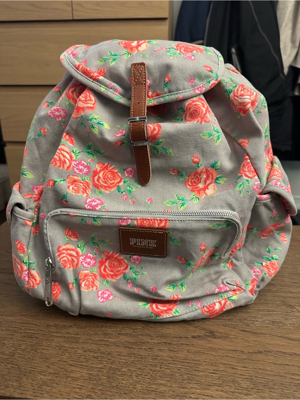 PINK Victoria's Secret Gray Canvas Backpack with Coral Floral Print